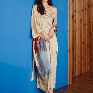 Long Peignoir Kimono Floral en Satin