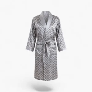 Peignoir Homme Satin – Motif Cercle Gris à Revers Argentés