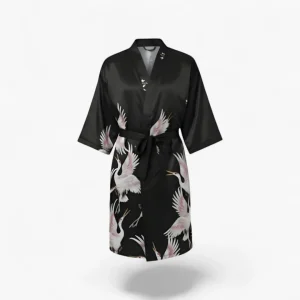 Peignoir Homme Japonais – En Satin Noir à Motifs Grues Blanches