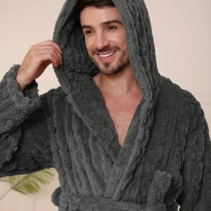 Peignoir homme effet torsadé en tissu éponge à capuche