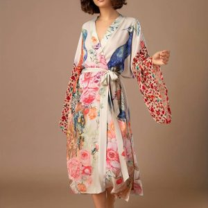 Kimono Satin Imprimé Floral et Oiseaux