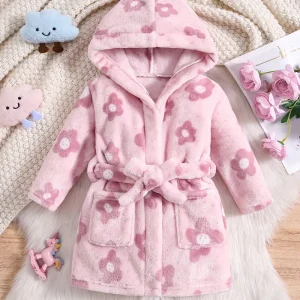 Peignoir de Bain Enfant en Polaire à Fleurs Rose