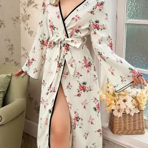 Peignoir Kimono Floral avec Bordure