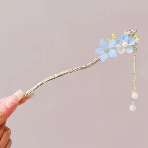 Peigne Kimono Femme | Fleurs Bleues d’Été et Perles Suspendues