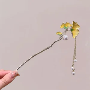 Épingle Kimono Femme | Ginkgo Doré et Perles Dansantes