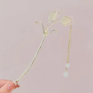 Accessoire Cheveux Kimono Femme | Tulipes Ivoire et Chaîne Dorée Poétique