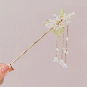 Bijou Cheveux Kimono Femme | Clochettes Blanches et Perles en Cascade