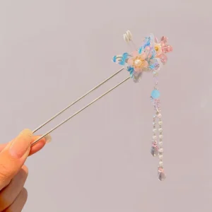 Accessoire Cheveux Kimono Femme | Papillon Bleu et Gouttes de Verre Rose