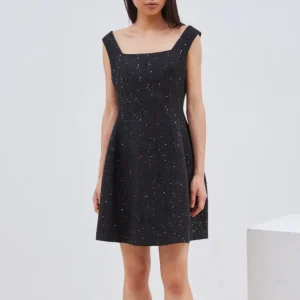 Robe noire courte à paillettes col carré et dos nu col V Femme