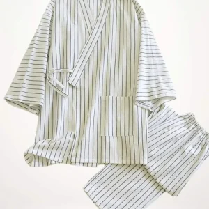 Kimono Homme Pyjama| Coton Rayé Blanc