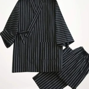 Yukata Pyjama Homme | Coton Rayé à Manches ¾ Noir