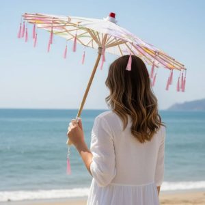 Ombrelle Blanche à Fleur | Soie & Finition Franges