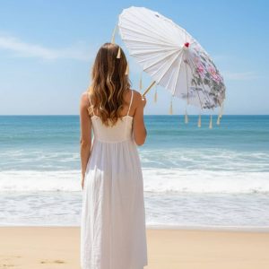 Ombrelle Femme Anti Uv Blanche | Finition Franges et Papillon