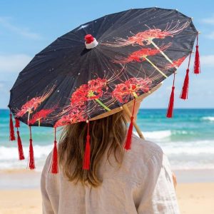 Ombrelle Femme Noir | Finition Franges Rouge