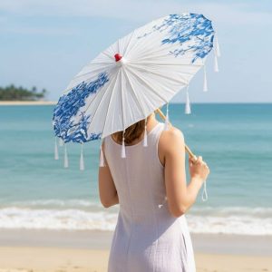 Ombrelle Blanche Fleur Bleu | Toile En Papier De Soie