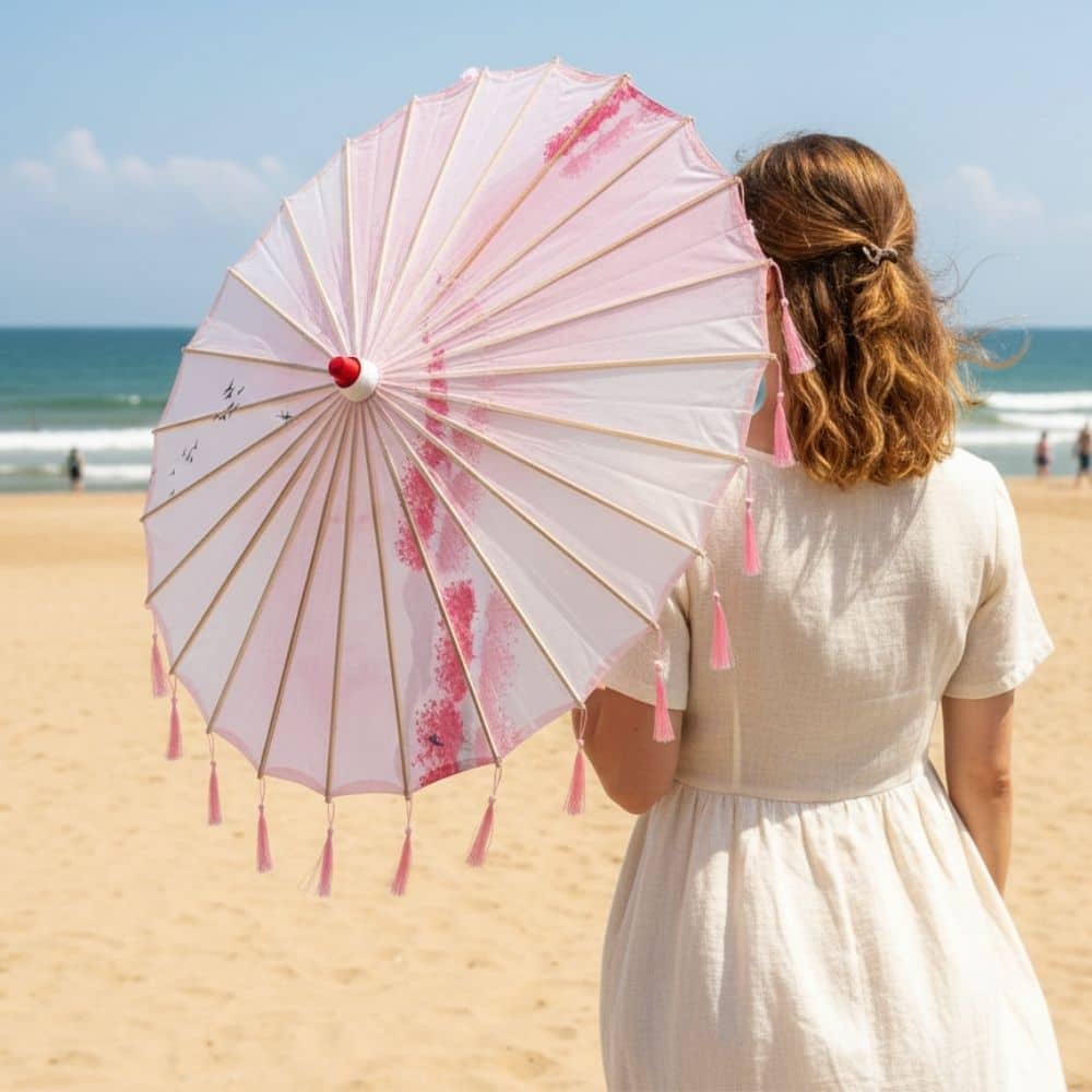 Ombrelle Pour Femme Anti Uv Rose | Soie & Finition Franges – Image 2