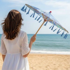 Ombrelle Été Bleu | Soie & Finition Franges