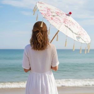 Ombrelles Anti Uv Beige et Rose | Motifs Floraux & Finition Franges