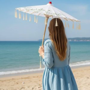 Parapluie Japonais Traditionnel Blanc | Motif Bambou & Finition Franges