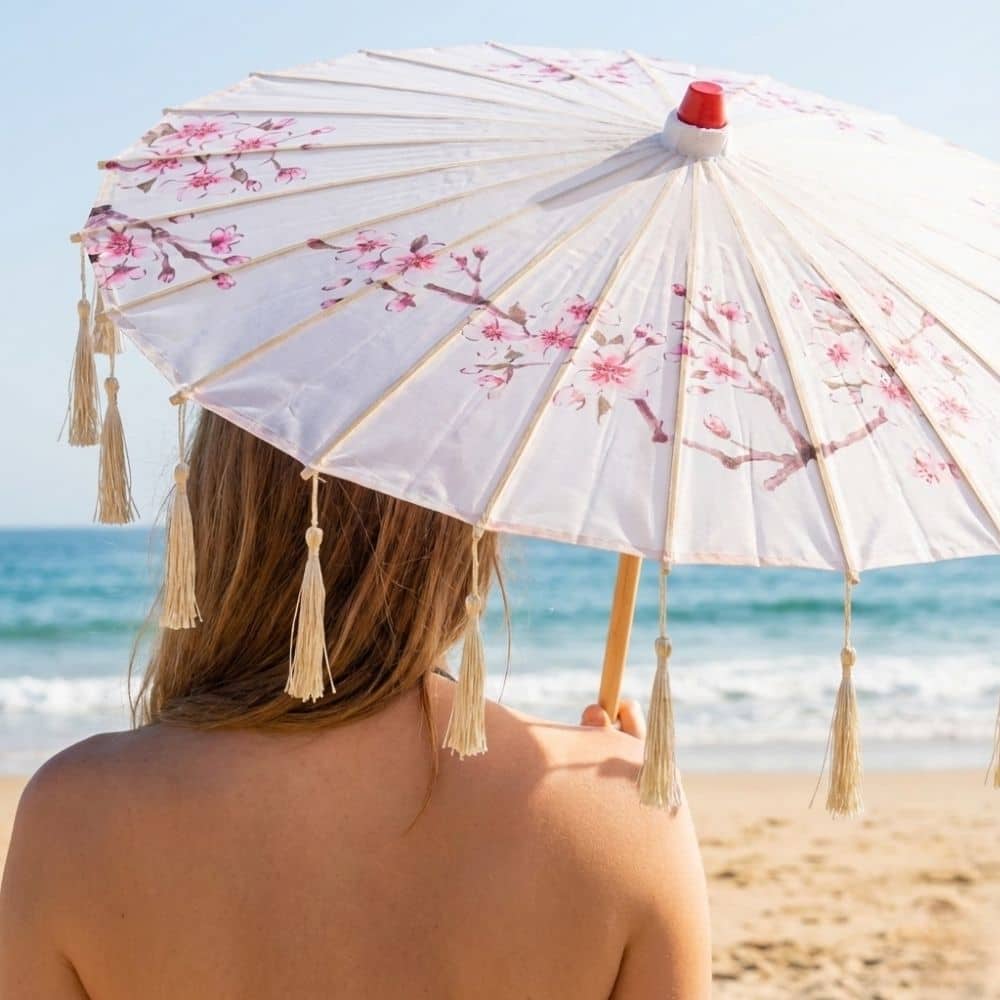 Parapluie Traditionnel Japonais Blanc | Finition Franges – Image 2