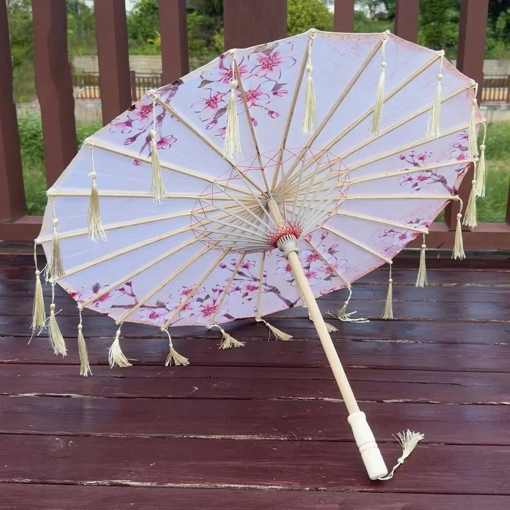 Parapluie Traditionnel Japonais Blanc | Finition Franges – Image 3