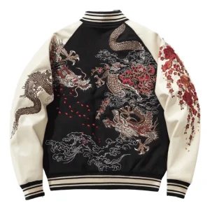 Veste Bomber Dragon Brodé Noir et Beige