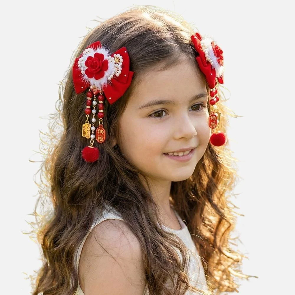 Barrette Cheveux Fille Rouge | Satin Fleuri & Perles – Image 4