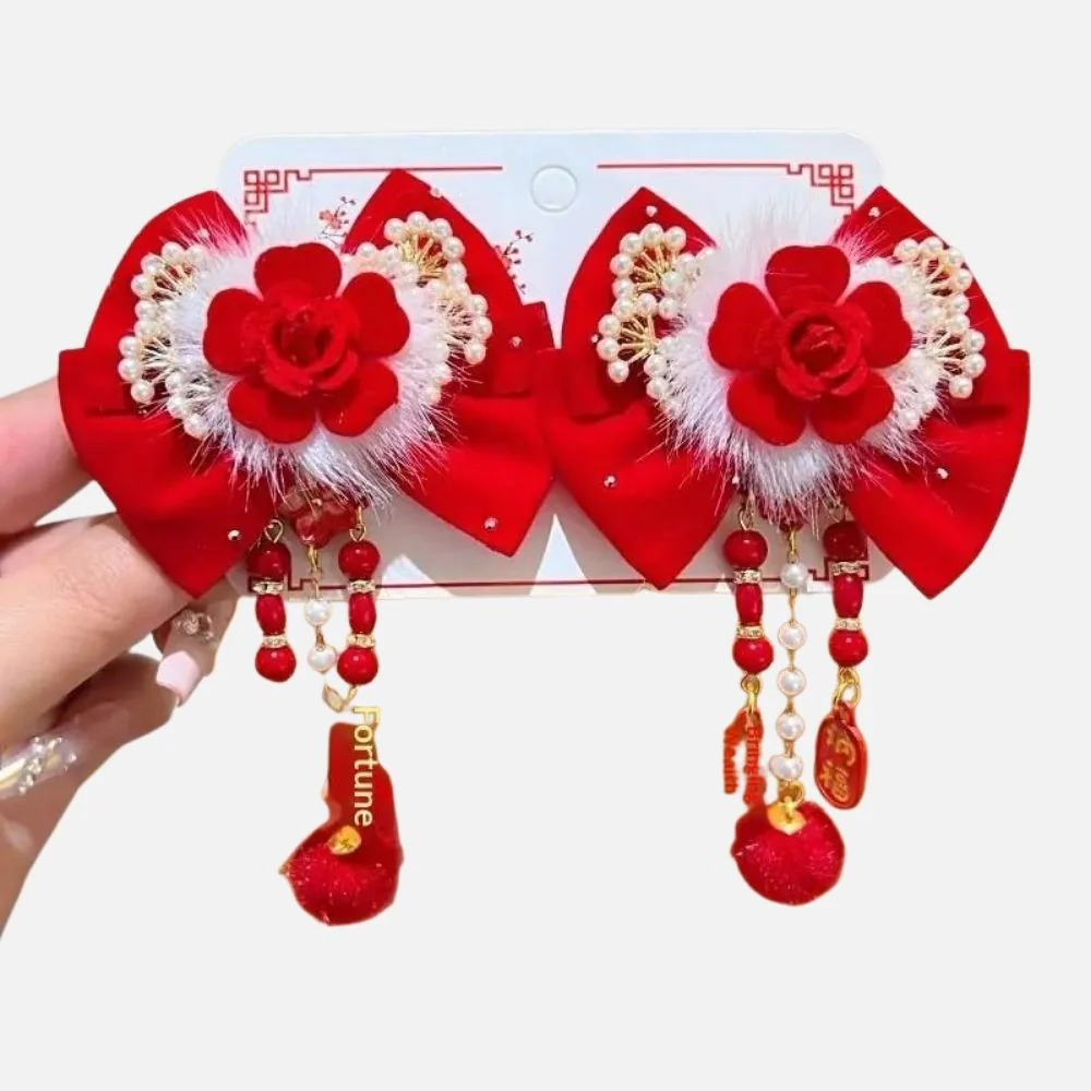 Barrette Cheveux Fille Rouge | Satin Fleuri & Perles – Image 3