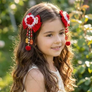 Barrette Cheveux Fille Rouge | Satin Fleuri & Perles