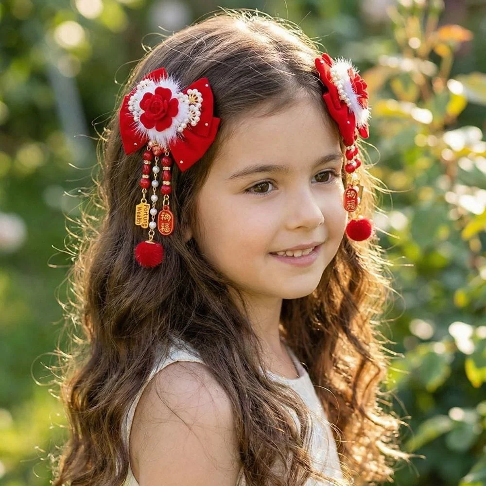 Barrette Cheveux Fille Rouge | Satin Fleuri & Perles – Image 2