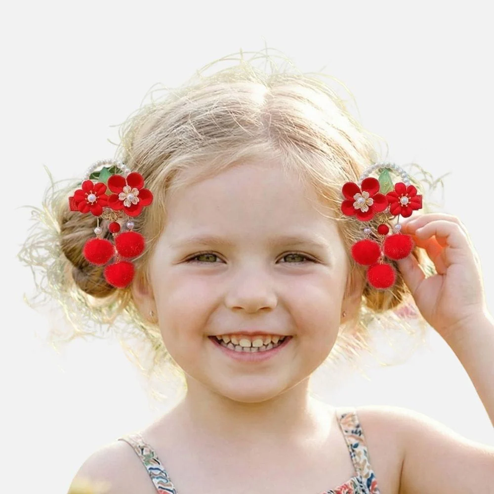 Barrette Fille Rouge | Fleurs & Pompons Chic – Image 4