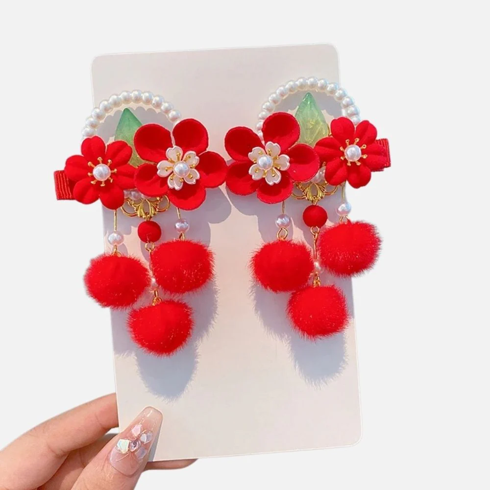 Barrette Fille Rouge | Fleurs & Pompons Chic – Image 3