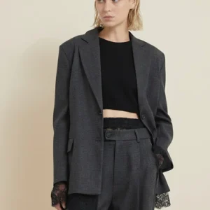 Blazer gris motifs carreaux oversize Femme