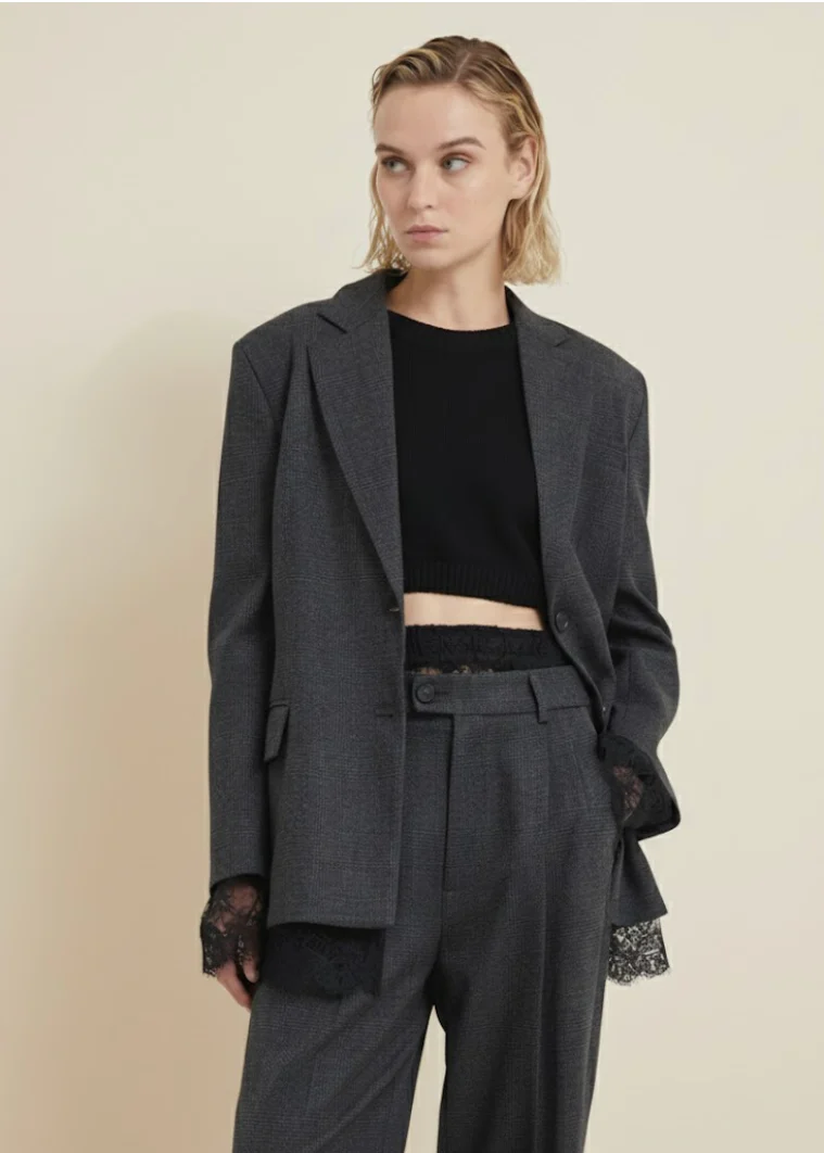 Blazer gris motifs carreaux oversize Femme