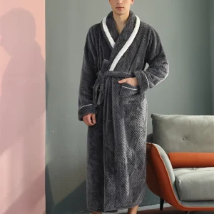 Peignoir homme long en velours effet nid d’abeille avec col châle