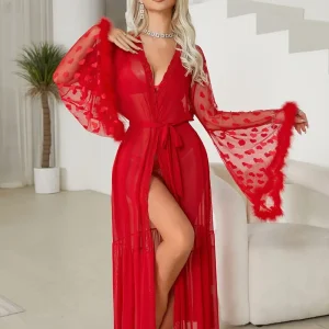 Peignoir Satin Rouge avec Manche Cloche