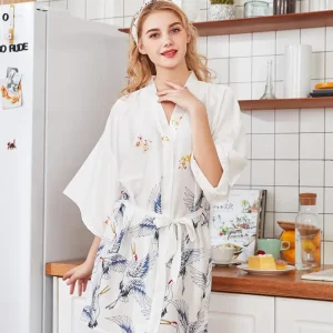 Peignoir Élégante Kimono avec Imprimé Grue