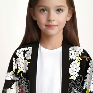 Veste Kimono Enfant | Élégance Japonaise En Noir Fleuri