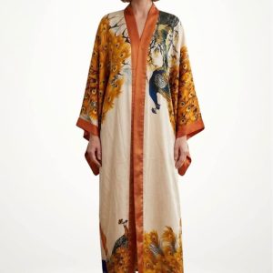 Kimono Long Femme | Paon Doré Crème Satin Premium