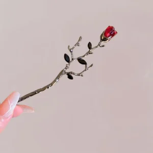 Accessoire Cheveux Kimono Femme | Rose Rouge et Tige Ébène