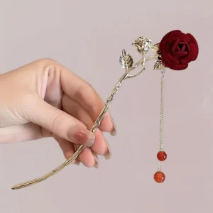 Épingle Cheveux Kimono Femme | Rose Rouge Élégance Orientale