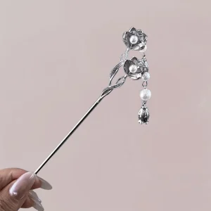 Épingle Cheveux Kimono Femme | Élégance Argent et Fleur de Lune