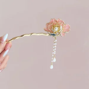 Accessoire Cheveux Kimono Femme | Fleur Dorée et Chute de Perles